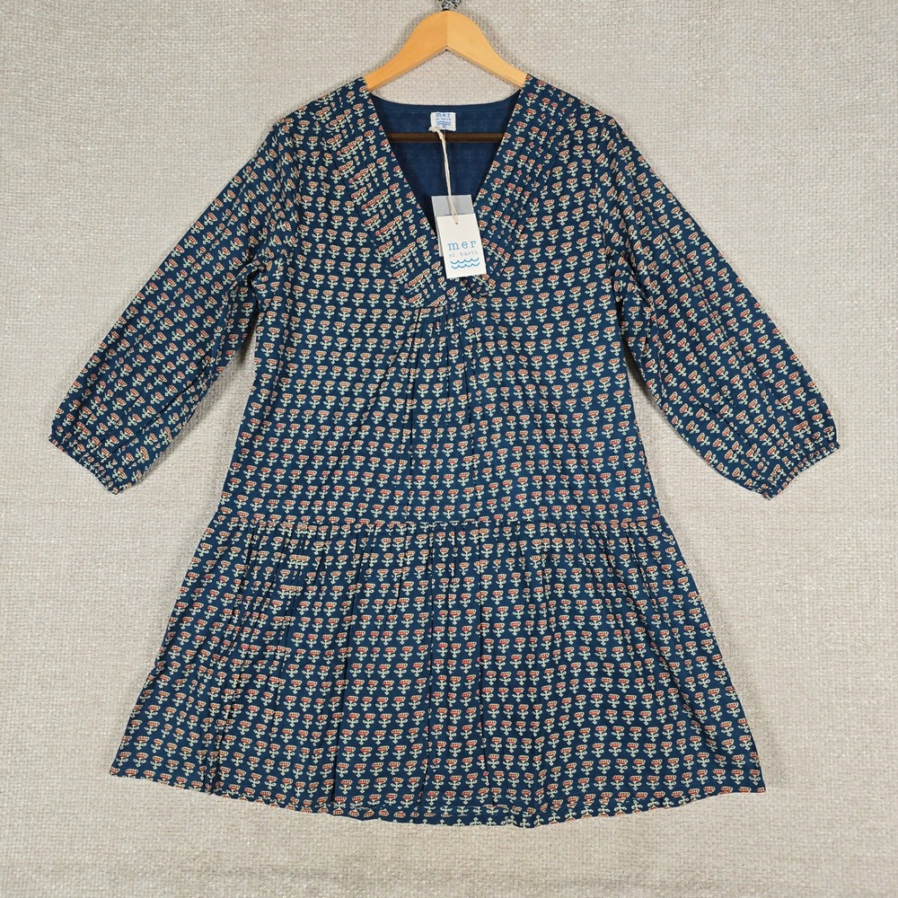 Mer St. Barth Ocean Tunic Dress Navy Floral Pintuck V-Neck Tiered Medium NWT